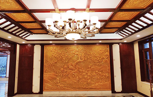 田家庵中式别墅客厅中式木作横梁吊顶装饰展示